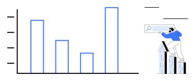 Büyümeyi gösteren yükselen dikey çubuk çizelgesi ve yükselen ok blokları üzerinde arama aracı olan bir kişi. Analiz, iş stratejisi, büyüme takibi, veri araştırması ve ilerleme için ideal