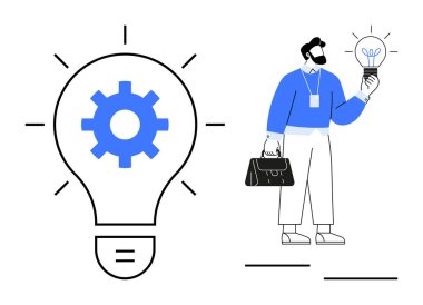 İş adamı elinde küçük bir ampul tutuyor. Ortasında dişli dev ampulün yanında duruyor. Yenilik, problem çözme, takım çalışması, yaratıcılık, girişimcilik, üretkenlik için ideal