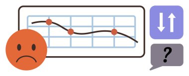 Üzgün yüz, azalan trend çizelgesi, soru balonu ve yukarıdan aşağıya oklar. Veri analizi, karar verme, performans düşüşü, problem çözme, geri bildirim stratejisi için ideal basit düz iş stratejisi