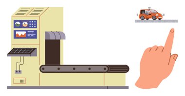 Kontrol paneli ve çıkış yuvası olan endüstriyel taşıma makinesi. Yolda küçük bir araba kullanırken el hareketi. Teknoloji, otomasyon, yenilik, robotik, ulaşım, kontrol sistemleri için ideal