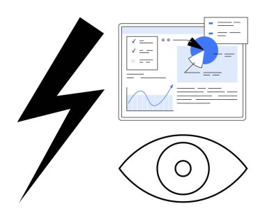 Grafikler, çizelgeler ve yıldırım ve gözle eşleştirilmiş dosya simgeleriyle donatılmış bir kontrol paneli. Analiz, hız, basitlik, odaklanma, yenilik, veri güdümlü kavramlar için ideal basit iniş sayfası