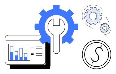 Veri sütunlu grafikler, ingiliz anahtarı ile donanım sembolize araçlar ve optimizasyon, daha küçük vitesler, ve finansal büyüme için dolar işareti. İş için ideal, analitik, finans, üretkenlik, strateji