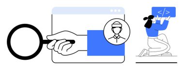 Kullanıcı profili simgesi üzerine büyüteç, tarayıcı pencere illüstrasyonu, ekrandaki kişi kodlaması. Web geliştirme, teknoloji, kullanıcı arayüzü, kodlama, analiz, UX sade iniş sayfası için ideal