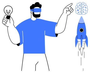 Yapay zeka beyninin yanındaki uçan rokette VR kulaklık takan bir adam. İçinde yeniliği sembolize eden bir ampul var. Teknoloji, yaratıcılık, hayal gücü, yapay zeka, VR, yenilik girişimleri için idealdir. Basit düz