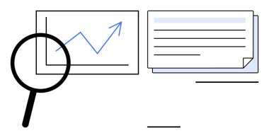 Büyüteç, yapılandırılmış metin kağıdıyla birlikte yukarı doğru grafiği inceliyor. Veri analizi, araştırma, iş büyümesi, sunum, planlama, gözden geçirme, profesyonel görüşler için ideal. Basit düz
