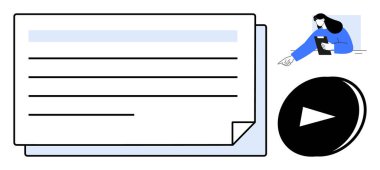 Açık notalar, elinde tablet olan kişi ve çalma tuşu dijital öğrenmeyi sembolize ediyor. Eğitim, çevrimiçi kurslar, öğretim yardımları, dersler, sunumlar, e-öğrenme veya basit bir iniş sayfası için ideal