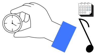 Elinizde bir saat, planlamayı sembolize eden bir takvim ve ritim için bir nota var. Zaman yönetimi, programlama, organizasyon, üretkenlik, iş-yaşam dengesi için ideal, rutin düz metafor