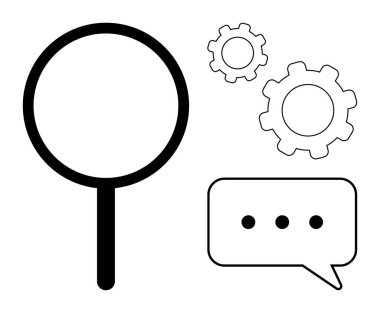 Büyüteç, vites ve sohbet balonu analizi, verimliliği, optimizasyonu, işbirliği, iletişimi, beyin fırtınasını ve teknolojiyi sembolize eder. Araştırma ekibi yeniliği için ideal basit