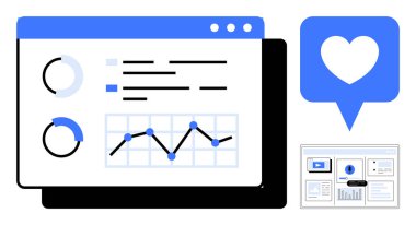 Çizelgeler, grafikler, aşk simgesi ve özet içeren veri paneli. Dijital pazarlama, veri analizi, web tasarımı, iş dünyası, sosyal medya teknolojisi yeniliği için ideal. Basit düz metafor