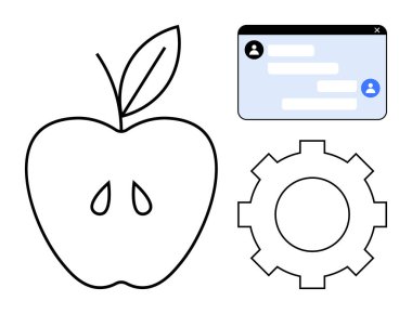 Tohumlu elma, sohbet penceresi ve beslenme, iletişim ve teknolojiyi sembolize eden dişli. Sağlık uygulamaları, teknik dersler, kullanıcı arayüzleri, öğrenim platformları iş araçları için idealdir