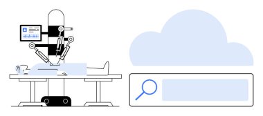 Bulut hesaplama ve veri arama arayüzü olan hastaya ameliyat yapan robot sistem. Sağlık hizmetleri, yapay zeka, robot bilimi, veri entegrasyonu, tıbbi yenilik, bulut hizmetleri, basit iniş hizmetleri için ideal