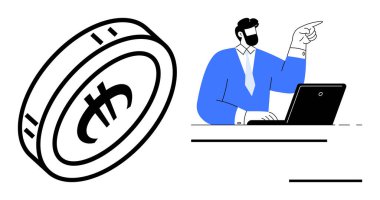 Dizüstü bilgisayarda çalışan profesyonel takım elbiseli, yanında para birimi simgesi olan büyük bir madeni para taşıyor. Finans, yatırım, para birimi, iş stratejisi, teknoloji, ekonomik büyüme ve başlangıç için ideal. Basit.