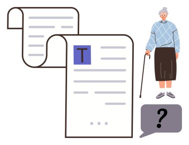 Elinde baston tutan yaşlı kadın, büyük dökümanlar ve soru işareti baloncuğunun yanında duruyor. Kıdemli destek, karar verme, okuma, belgeleme, hukuki yardım, yaşlanma sorunları için ideal