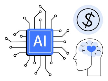 Devrelerle çevrili yapay zeka mikroçipi, kalbi olan beyin ve bir çemberde dolar işareti. Yapay zeka, teknoloji, yenilik, finans, insan zekası otomasyonu ve dijital ekonomi için idealdir. Basit düz