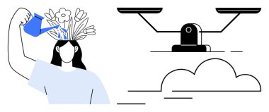 Kafadan büyüyen çiçekleri sulayan kadın kişisel gelişimi ve dengeyi sembolize ediyor. Sağlık, farkındalık, kişisel bakım, zihinsel sağlık, kişisel büyüme, yaşam dengesi için ideal