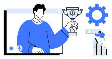 Video ekranındaki kupa, verimlilik için vites, büyüme çizelgesine tırmanan kişi. Başarı, takım çalışması, çevrimiçi iletişim, liderlik, başarı, ilerleme için ideal