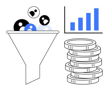 Huni işleme kullanıcı verileri, gelir artışını sembolize eden bozuk paralar ve analitik için bir bar tablosu. Pazarlama, satış, veri, kâr, analiz yatırım stratejileri için idealdir. Basit düz