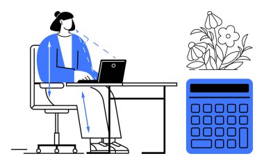 Masada oturan bir kadın dizüstü bilgisayar kullanıyor, oklar duruşunu gösteriyor, yakınlarda hesap makinesi, vazodaki çiçekler dengeyi simgeliyor. İş yeri ergonomisi, üretkenlik, finans ve eğitim için ideal