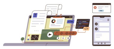 Web sitesi içeriğine sahip dizüstü bilgisayar, HTML kodlaması, ortam oynatıcı, grafikler ve tasarım düzenini gösteren tablet. Kodlama, web tasarımı, yanıt verme, dijital planlama UIUX platformları arası kullanım için idealdir