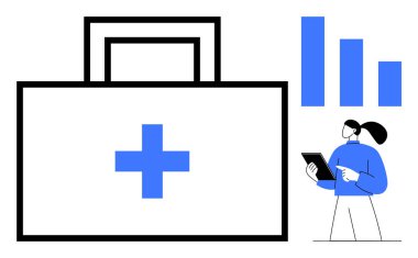 Haçı olan büyük tıbbi kitler, büyümeyi gösteren çizelge ve tablet üzerindeki modern profesyonel inceleme verileri. Sağlık, büyüme izleme, veri analizi, tıbbi teknoloji ve araştırma için ideal