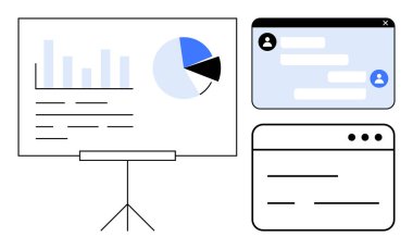 Bar grafik, pasta grafiği, sohbet penceresi ve tarayıcı düzeni. Takım çalışması, iletişim, raporlar, analitik, işbirliği stratejisi için ideal basit bir iniş sayfası
