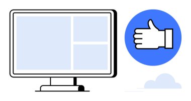 Bilgisayar monitörü basitleştirilmiş web sayfası düzenini mavi bir çemberin başparmaklarının yanına yerleştiriyor. Tasarım için ideal UX, UI, geribildirim, teknoloji, onay, sunum temaları, basit iniş sayfası