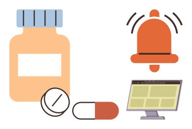 İlaç şişesi, tablet, kapsül, çan uyarısı ve bilgisayar ekranı renklendirme sistemi hatırlatıcılarıyla birlikte. Sağlık hizmetleri için ideal, ilaç uyarıları, dijital hatırlatıcılar, çevrimiçi eczane, zaman
