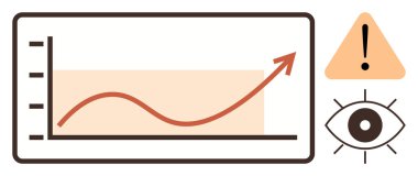 Yukarı doğru eğilimli grafikler, üçgen uyarı simgesi ve göz simgesi. Veri büyümesi, izleme, analitik, raporlama, başarı riski uyarısı ve gözetim temaları için idealdir. Basit düz metafor