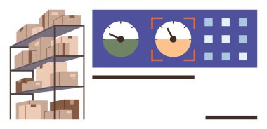 Kutular, gösterge paneli sayaçları ve ızgara arayüzü lojistik, envanter kontrolü ve veri takibi ile raflar. İkmal zinciri, depo yönetimi, e-ticaret, verimlilik için ideal