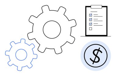 İşlemi temsil eden dişliler, görevleri sembolize eden listeler ve finansal hedefleri gösteren dolar simgesi. İş akışı, planlama, verimlilik, yönetim, verimlilik bütçe stratejisi için ideal. Basit.
