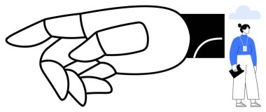 Son derece stilize edilmiş robot el, profesyonel olarak giyinmiş bir klasörü tutan bir kadına uzanıyor. Yapay zeka yeniliği, insan-makine işbirliği, teknoloji ilerlemesi, dijital dönüşüm için ideal