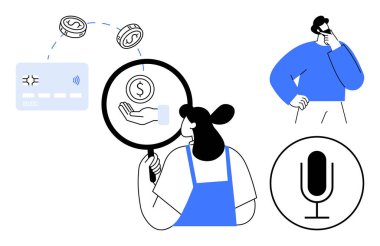 Kadın ödeme akışını bir büyüteçle inceliyor, düşünceli bir adam ve bir mikrofon ikonu. Fintech, analiz, bütçe, ses asistanı, finans uygulamaları, e-ticaret sade iniş sayfası için ideal