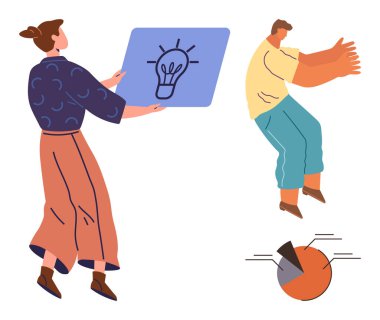 Bir diğeri turta grafiğinin yanında dinamik bir şekilde çalışırken biri ampul fikrini sunuyor. Takım çalışması, yenilik, yaratıcı düşünce, fikir paylaşımı, beyin fırtınası, strateji planlaması için ideal