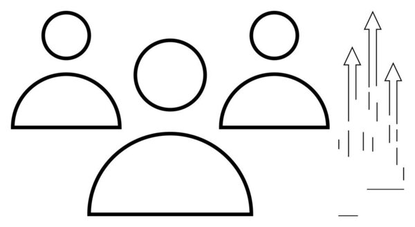 Упрощенный контур из трех человеческих фигур и стрел вверх, символизирующих командную работу, прогресс и коллективный рост. Идеально подходит для бизнеса, лидерства, мотивации, сообщества, карьерного роста, успеха