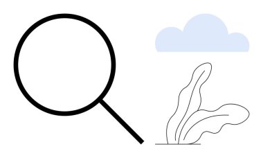 Minimalist bir bulut ve bitkinin yanında büyük boy büyüteç. Arama, büyüme, keşif, araştırma, odaklanma, analiz ve gözlem için ideal. Basit düz metafor