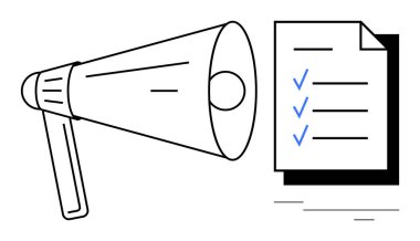 Tamamlanmış görevleri olan bir kontrol listesinin yanında fikirleri güçlendiren megafon. Takım çalışması, verimlilik, iletişim, duyurular, strateji, planlama ve organizasyon için ideal. Basit düz metafor