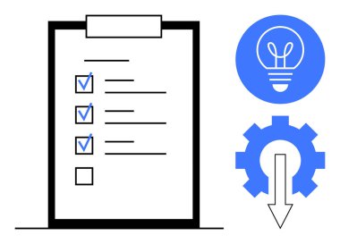 İşaretli görevleri olan kontrol listesi, yenilikler için ampul simgesi, otomasyon için ok teçhizatı. Üretkenlik, planlama, yenilik, iş akışı, iş stratejisi, verimlilik için ideal basit iniş sayfası