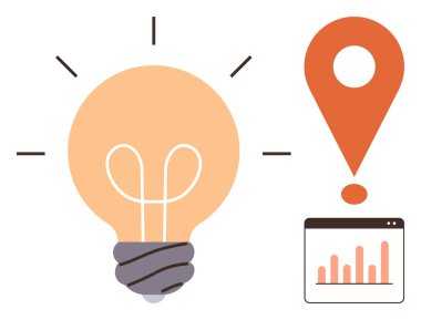 Fikirler için ampul, turuncu konum işaretleyici ve kavrayış için analiz grafiği. Yaratıcılık, strateji, yenilik, planlama, pazarlama, üretkenlik ve büyüme için idealdir. Basit düz metafor