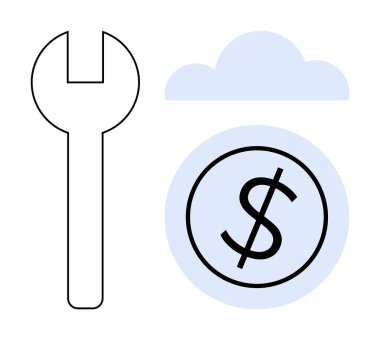 Bulut ve dolar işaretinin yanında anahtar, finansal yönetimi vurgulamak, bulut hizmetleri, bakım. Teknoloji, finans, tasarruf, yatırım bütçesi uygulamaları için ideal bilişim hizmetleri. Basit düz