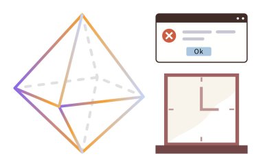 Geometrik çokyüzlü, Ok düğmeli hata bildirim penceresi ve minimal analog saat. Sorun çözme, karar verme, programlama mantığı, zaman yönetimi, iş akışı, alarm sistemleri için ideal