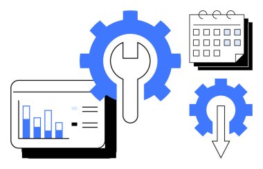 Bar çizelgesi, takvim, İngiliz anahtarı ve oklu mavi dişli. Süreç yönetimi, zamanlama, veri analizi, planlama, verimlilik optimizasyonu dijital dönüşüm için idealdir. Basit düz
