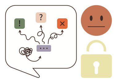 Konuşma baloncuğu, semboller, X, karışık çizgiler, tarafsız yüz ve kilit ile karar yollarını haritalayın. Karar verme, kafa karışıklığı, sorun çözme güvenlik ifade iletişimi iş akışı için ideal