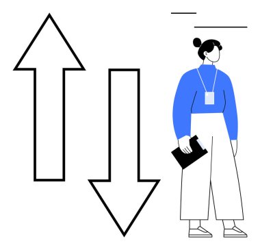 Kalın ve aşağı ok atan bir kadın. İş kararları, büyüme, kariyer, fırsatlar, seçim yapma, navigasyon ve değerlendirme kavramları için idealdir. Basit düz metafor