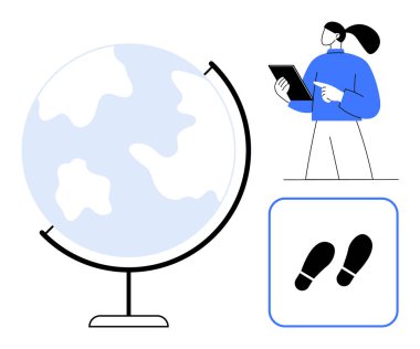 Dünya 'nın yanında tablet tutan kadın ve adım simgesi, keşif, yenilik, küresel bağlantı, öğrenme, sürdürülebilirlik, teknoloji, takım çalışmasını simgeliyor. Eğitim stratejisi için ideal basit iniş