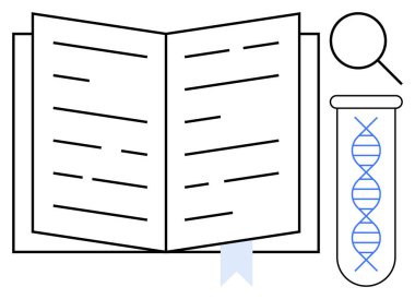 Kitap ayracı, test tüpünde DNA ipliği, cam büyütme, keşif ve öğrenme içeren açık bir kitap. Eğitim, bilim, araştırma, genetik bilgi keşfi için idealdir. Asgari