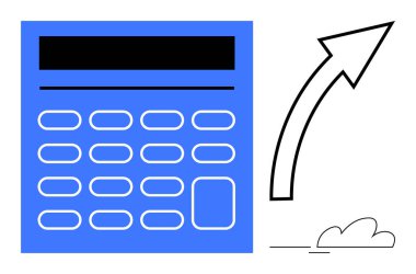 Kalın düğmeli mavi hesap makinesi ve yukarı bakan bir ok mali hesaplamaları, büyümeyi veya başarıyı simgeliyor. İş, muhasebe, finans, bütçe, başarı yatırımı için ideal