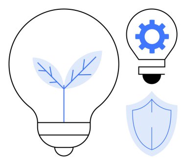 İçinde yaprak filizlenen ampul, daha küçük bir ampulün üzerindeki dişli dişli ve kalkan sembolü sürdürülebilirliği, yeniliği, çevresel sorumluluğu, korumayı, büyümeyi, teknolojiyi ve yenilenebilir enerjiyi vurguluyor