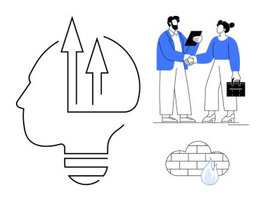 Baş silueti, yukarı doğru ok, profesyoneller el sıkışıyor, bulut ve tuğla. Takım çalışması, yenilik, iş planlaması, sürdürülebilirlik, müzakere, liderlik için ideal