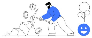 Bir adam kazma kullanarak taşlardan madeni paralar çıkarıyor, etrafında pound ve dolar bozuklukları, balonlar ve soyut elementler var. Finans, kripto para birimi, yatırım, madencilik ve başarı için ideal