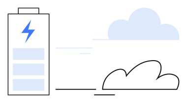 Enerji cıvatalı pil ve minimum bulut temiz enerji depolama ve yenilenebilir enerji temaları öneriyor. Sürdürülebilirlik, eko-teknoloji, yenilik, yeşil enerji, çevre, gelecekteki teknoloji için ideal